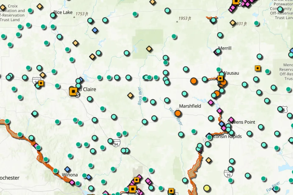 Screen shot of map from Wisconsin PFAS Interactive Data Viewer.